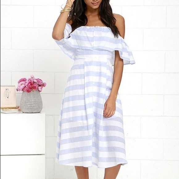 Lulus Cotton Off the Shoulder Striped Midi Dress - Picture 5 of 10